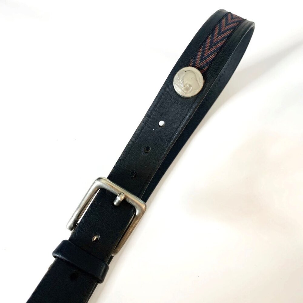 Gap Black Leather Belt Buffalo Head Nickel Medallion with Geometric Fabric Sz 36